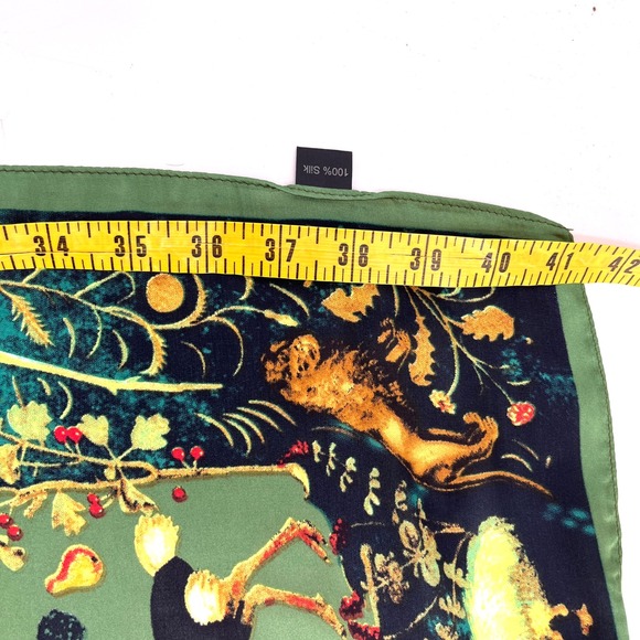 Large Square 100% Silk Scarf Birds Animals Floral Botanical Print Green - Picture 4 of 4